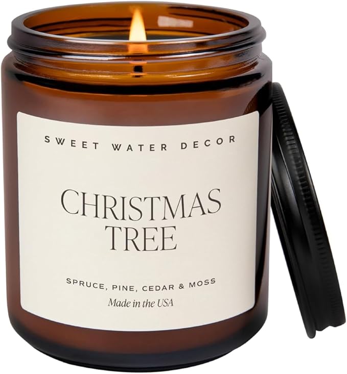 Sweet Water Decor Christmas Soy Candle | Apple Cider, Cinnamon, Clove, Fresh Cut Christmas Tree Scented Candles for Home | 9oz Amber Jar + Black Lid, 40+ Hour Burn Time, Made in The USA