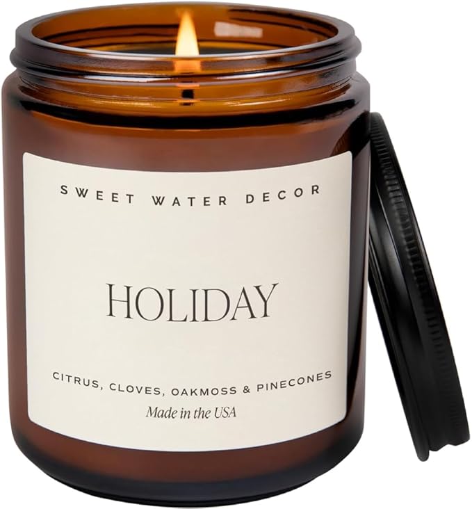 Sweet Water Decor Christmas Soy Candle | Apple Cider, Cinnamon, Clove, Fresh Cut Christmas Tree Scented Candles for Home | 9oz Amber Jar + Black Lid, 40+ Hour Burn Time, Made in The USA